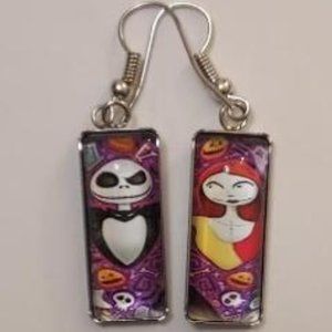 Halloween Rectangle Shape (Jack & Sally) Dangle Earrings